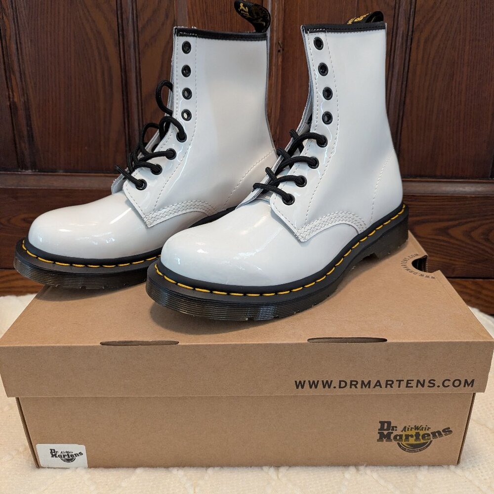 NEW Dr. Martens 1460 White Patent Leather Lace Up Boots